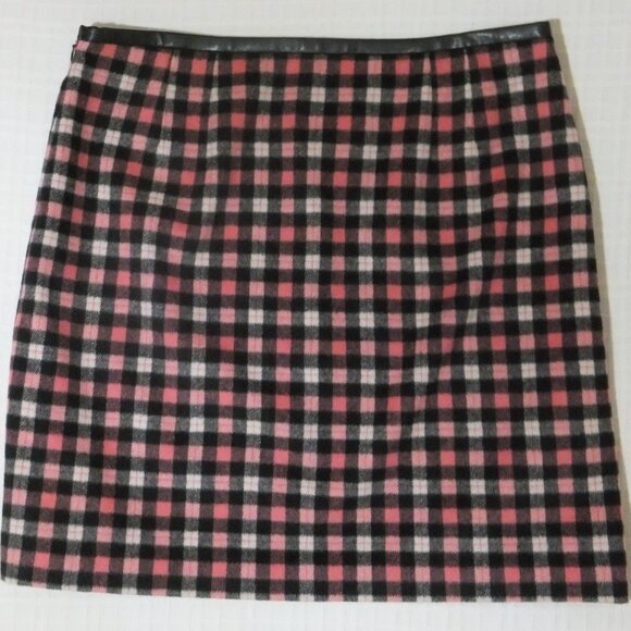 Talbots Skirt Womens 16 Pink Black Plaid Wool Blend Faux Leather Trim Lined Zip - Picture 3 of 6